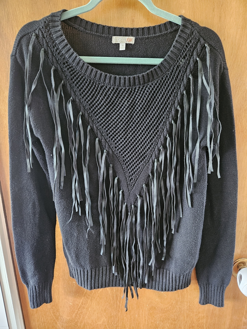 GBX Black Fringe V-Panel Crewneck Sweater